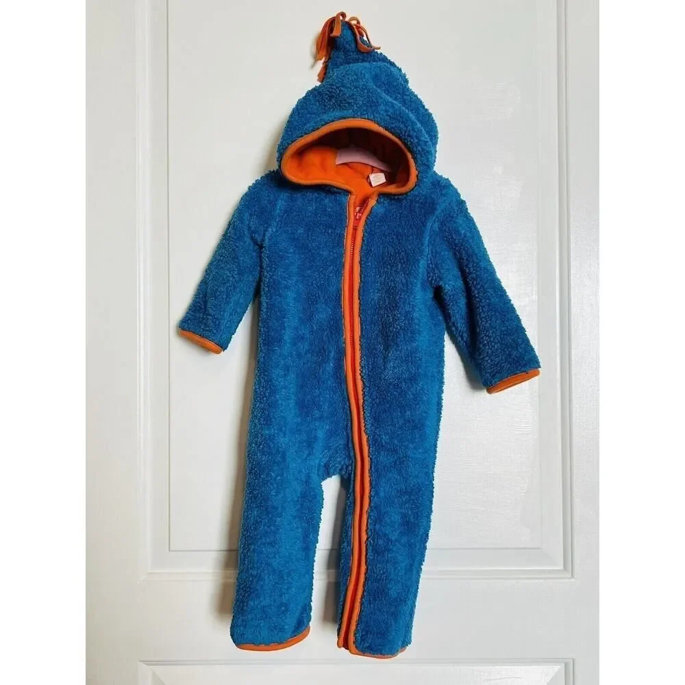 GIGGLE BABY Boy Plush Sherpa Cozy Fleece Blue Orange Coverall Hooded 6-12m
